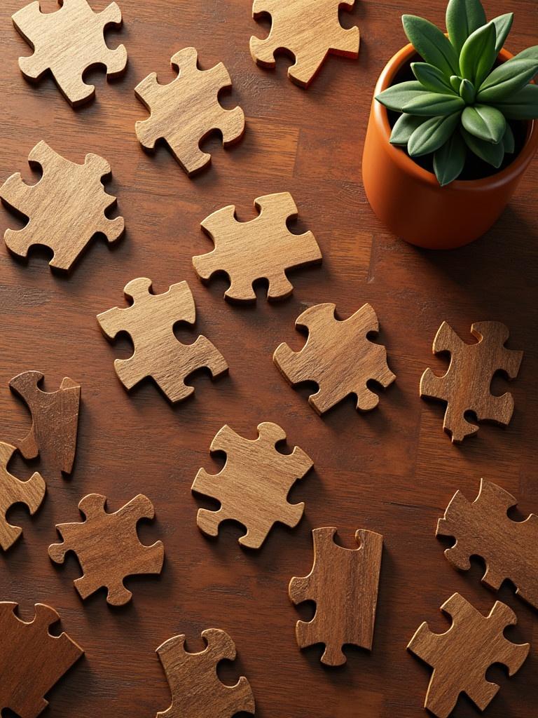 Flat lay composition featuring wooden puzzle pieces and a succulent plant in an orange pot. The image captures a warm and organic ambiance. Perfect for promoting artisanal woodworking and home decor inspirations.