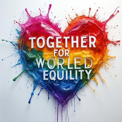 A vibrant heart shape filled with rainbow colors with the phrase TOGETHER FOR WORLD EQUALITY. The artwork features LGBTQ+ symbols including trans and pride flags. It showcases a splash effect resembling glass. The design is hyper-realistic and suitable for a movie poster.
