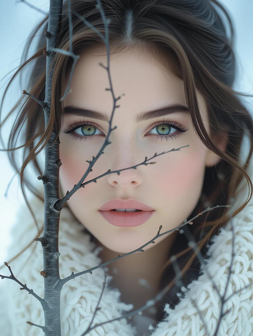 Extreme close-up of a young woman's face in three-quarter view rendered in double exposure style with branches of a bare winter forest intertwined with her features. Moody lighting casts soft shadows across her cheek. Subtle mist and ink-like textures drift through the composition.