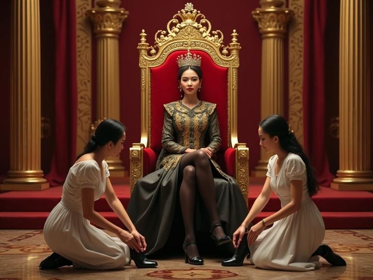 A young Empress sits on a gold throne. She wears a gold-embroidered gown and diamond crown. Her legs are crossed and her expression is proud. Two maids kneel, assisting with her high heels. The background has golden columns and velvet curtains.