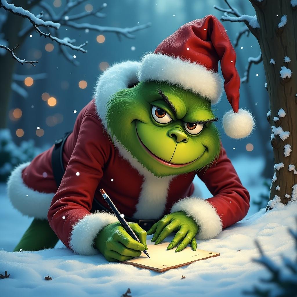 Grinch character wearing a Santa outfit is writing in the snow. The scene is set in a snowy landscape with trees and soft lighting.