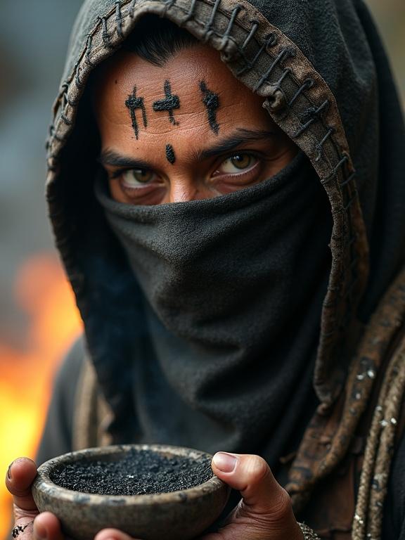 Close-up of Ash-Priest wearing soot-stained cloth mask. Eyes reflect flame light. Tattooed circuit diagrams on forehead. Hood made of leather and burnt canvas. Holding a bowl of crushed bone and black sand. Smoke swirls in the background. Expression is solemn and ritualistic. Gritty and realistic with warm tones.
