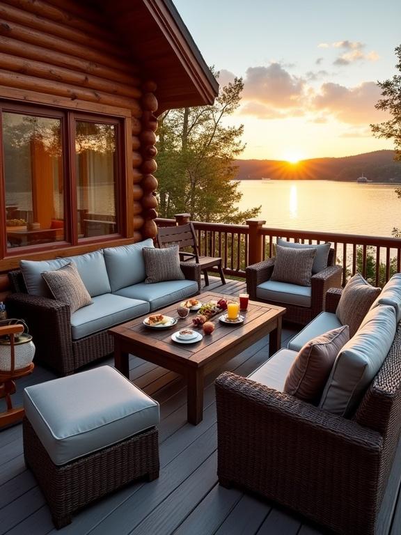 Image of a warm outdoor deck with wicker furniture in a log cabin at a lake during sunset. A cozy arrangement with food and drinks on a coffee table, surrounded by trees. Soft lighting creates an inviting atmosphere.