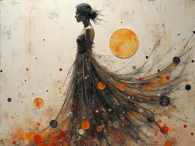 A double exposure fashion show concept. A woman is showcased against a backdrop of colored circles and textured elements. The dress flows with layered materials and colors, creating depth. The composition combines various structures and media. Bright and captivating design with beautiful details.