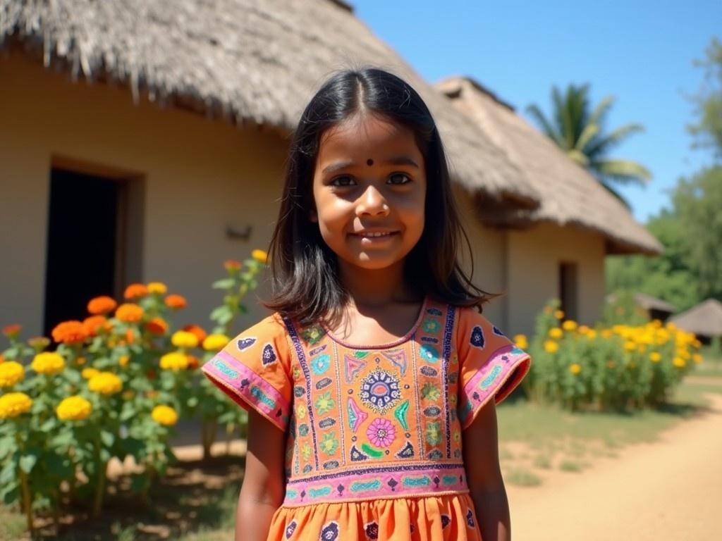 The image showcases a young girl standing outdoors in front of a traditional Indian house. She has a joyful smile and is wearing a brightly colored traditional dress, adorned with intricate patterns. The setting features lush greenery and vibrant flowers, enhancing the cheerful mood of the scene. The houses are typical of rural India, with thatched roofs complementing the natural backdrop. This picture encapsulates the essence of childhood in a culturally rich environment.