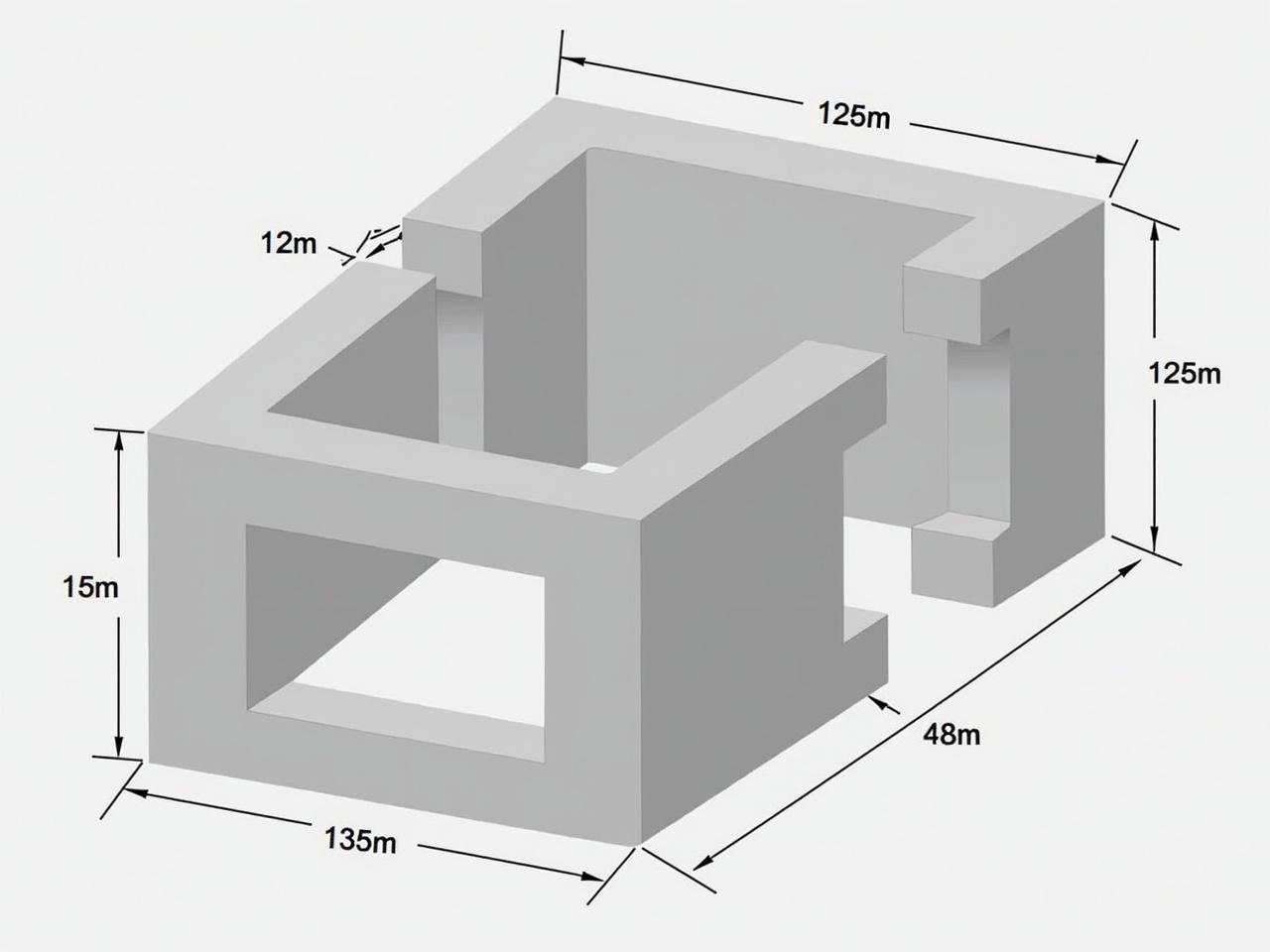 The image shows a technical drawing of a 3D geometric shape. The shape consists of several rectangular prisms arranged in a unique configuration. Various dimensions are indicated, including measurements of length, width, and height. The overall design includes cutouts that give it a complex appearance. The drawing is presented in a monochromatic style with clear lines and labeled dimensions.