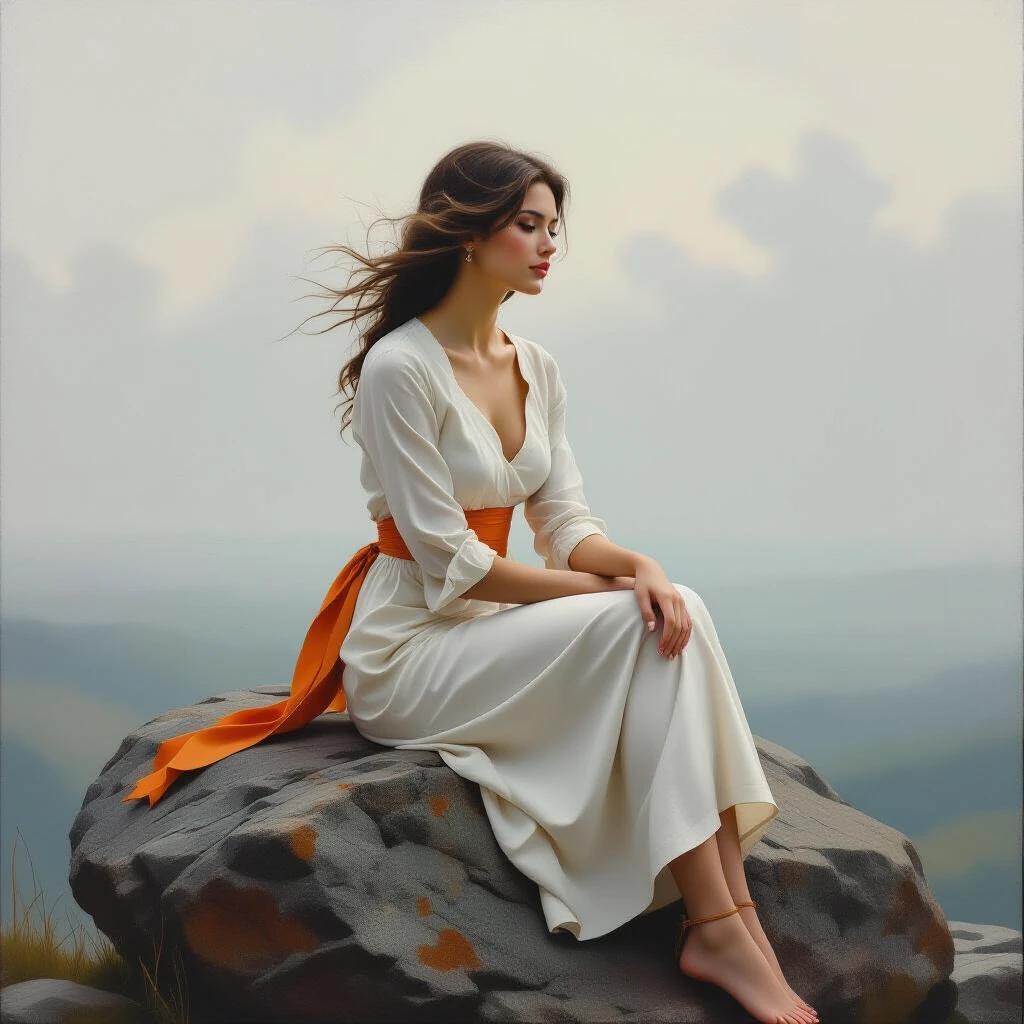 A serene woman sits on a large rock. She wears a fitted dress with an orange sash. Her hair flows in the wind. The overcast sky adds a melancholic feel. The background features a subtle natural landscape.