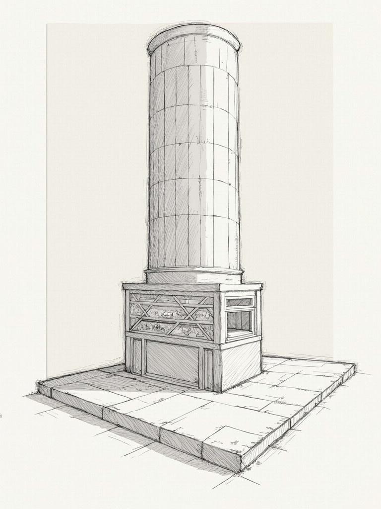 Base drawing of a cylindrical architectural structure. The design includes a square base and intricate details at the bottom.