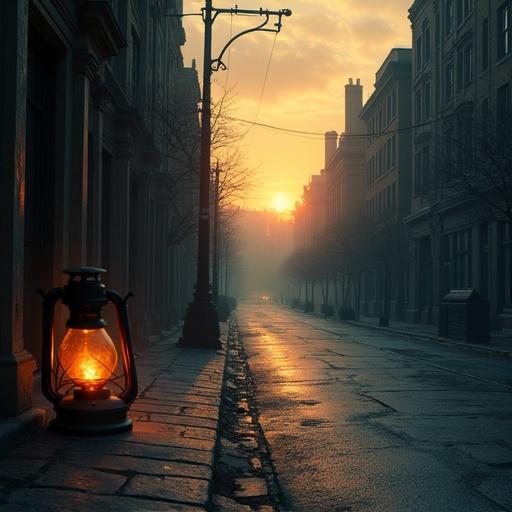 A quiet city street at dawn captured with a centered vanishing point. The road recedes into the horizon. The first morning light casts long shadows. A faint wisp of smoke is seen from a distant chimney. A broken lantern with a glowing ember is beside the stoop. The scene is empty and evokes weariness and hope.