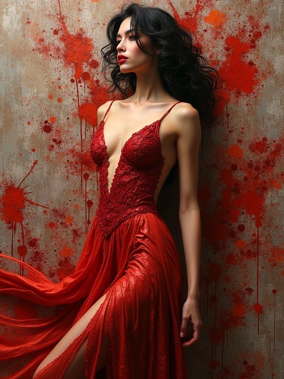 Oil splashes on textured background. Textured art style. Beautiful woman in red dress poses dramatically.