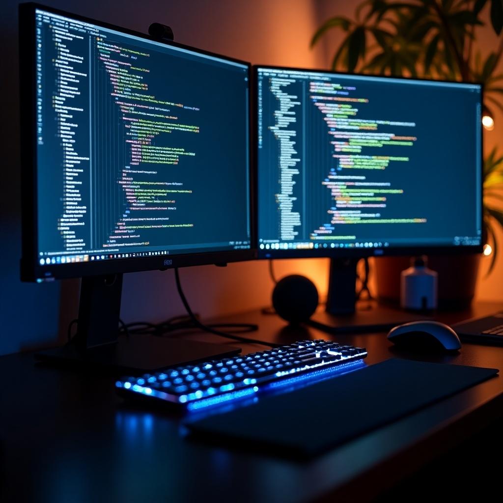 Modern office workspace features dual monitors with programming code and desktop background. Keyboard has backlight. Dark wood desk accommodates other office elements.