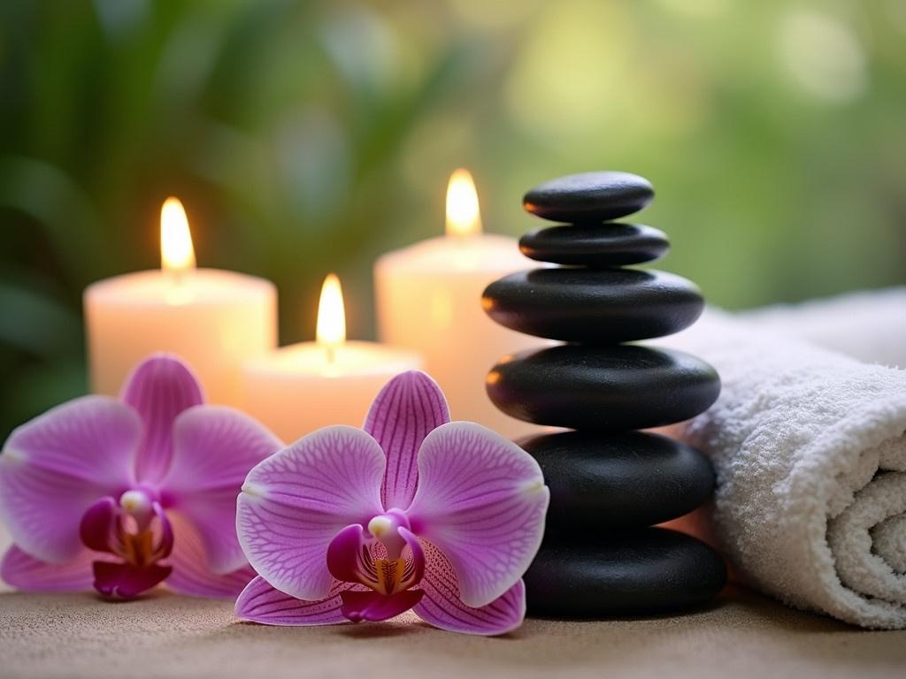 This image features a calming spa setting with a focus on relaxation. There are elegant candles lit, casting a soft glow, adding to the tranquil atmosphere. Beautiful orchids are prominently displayed, showcasing their delicate petals and vibrant colors. A stack of smooth black stones is arranged neatly, symbolizing balance and harmony. The backdrop suggests a serene garden, enhancing the overall sense of peace. A fluffy towel is rolled up nearby, inviting comfort and care. This composition perfectly embodies a soothing massage experience.