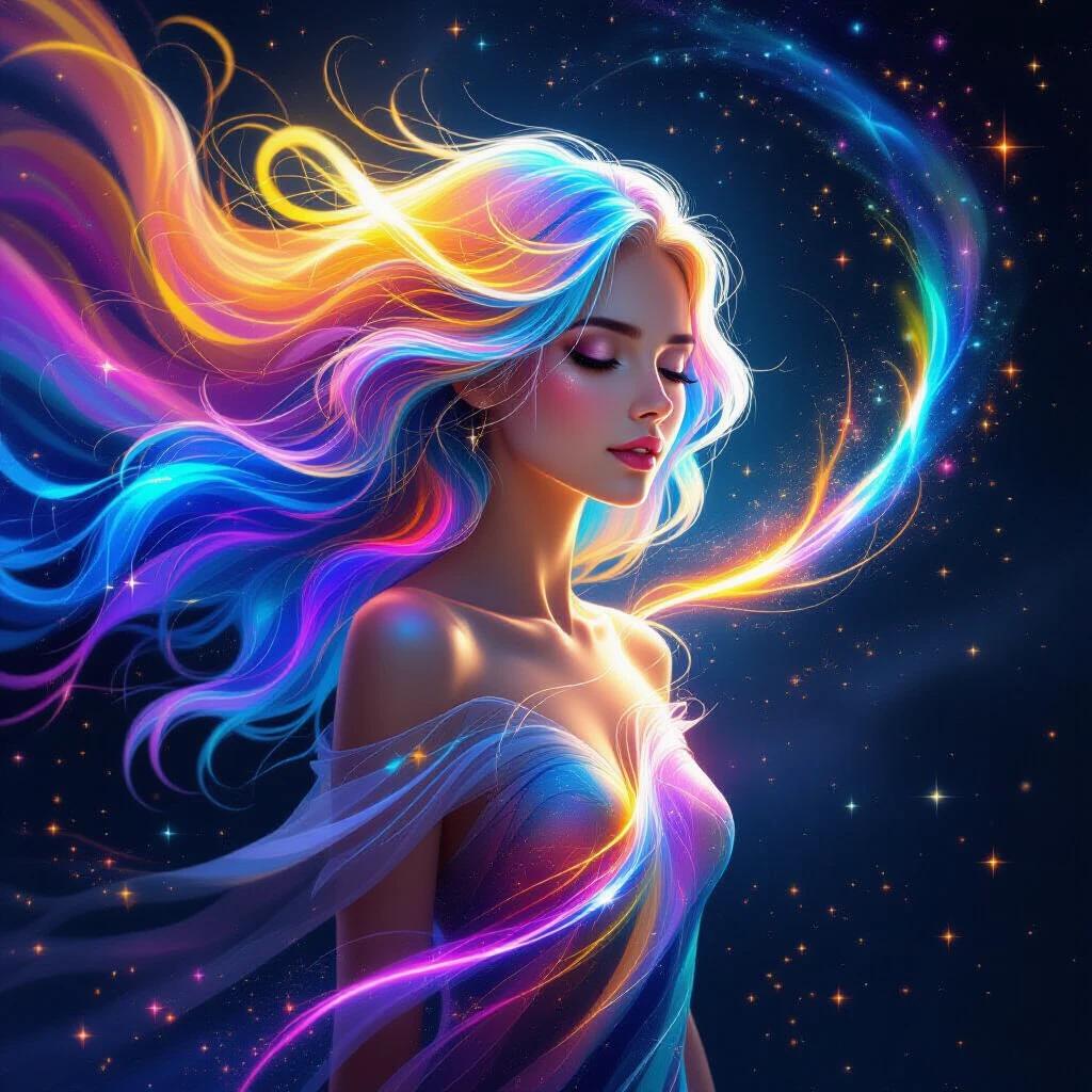 A beautiful figure radiates ethereal beauty. Hair transitions through vibrant hues. Background is a deep void of space. Stars twinkle and luminescent trails swirl. The expression is serene and contemplative. Colors and glowing orbs create energy. Artwork showcases digital creation and imaginative representation.