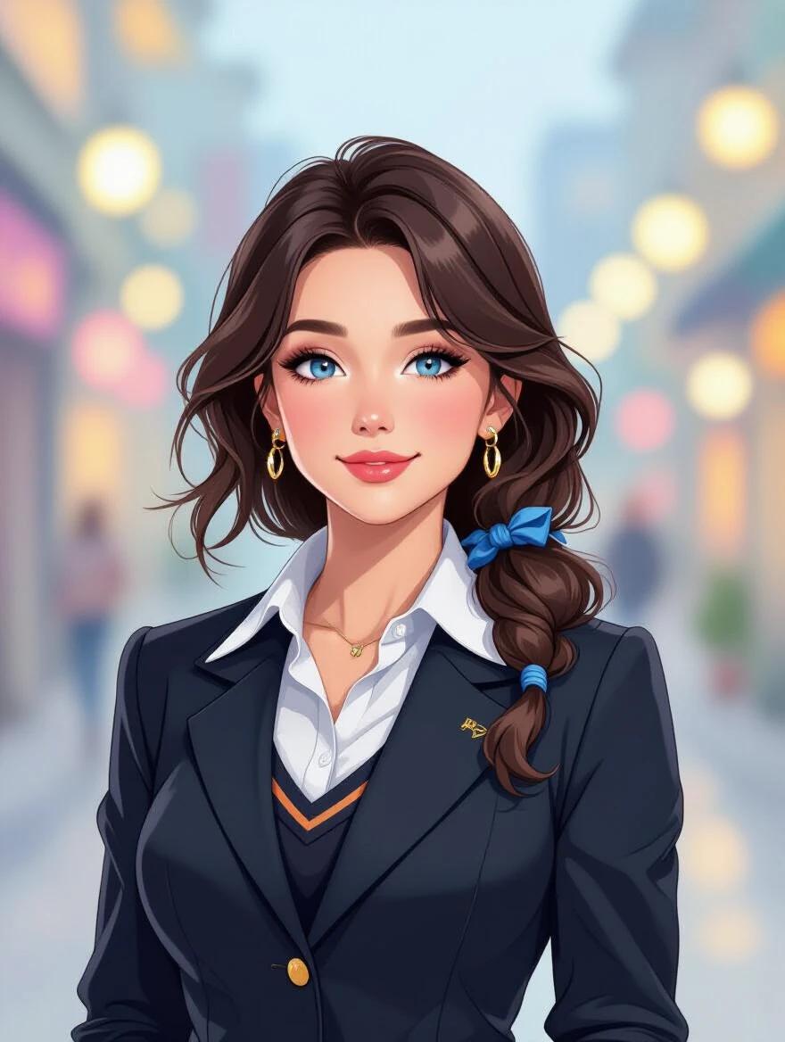 Full body portrait of a woman. She has liquid-blue eyes. Small mouth and button nose. Dark brown hair styled in a messy shoulder-length cut with a blue scrunchie and silver clip. She has a plump body with wide hips. She wears flashy earrings and a tight school uniform. The background is trendy with blurred lights.