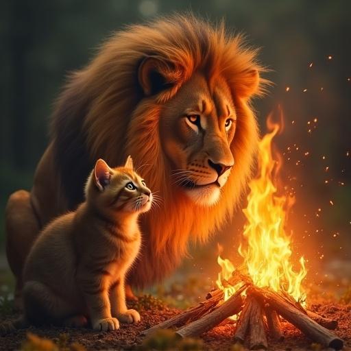 A kitten watches a lion by a campfire. Flames artistically resemble the kitten. Both animals are depicted in a warm, glowing environment.