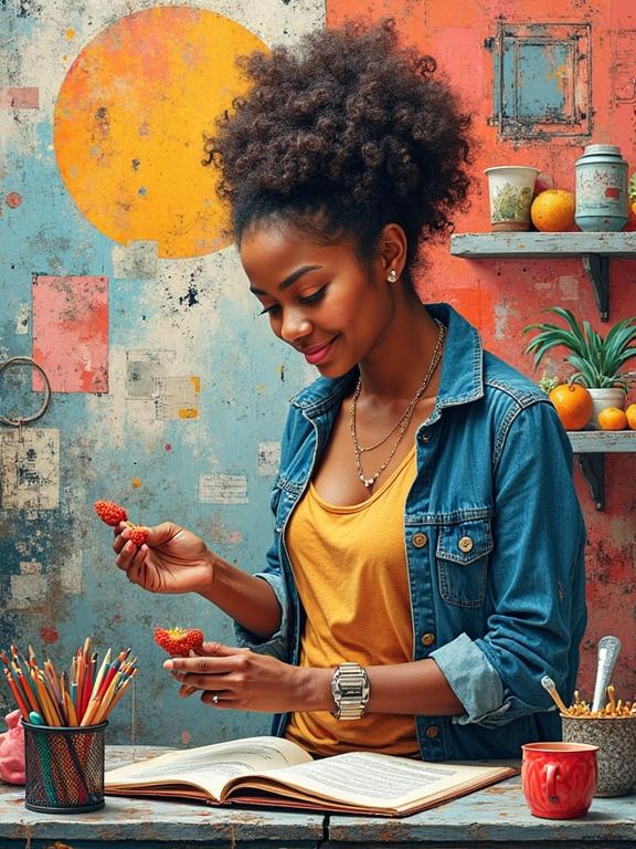A mother enjoying her time in a vibrant kitchen. She holds strawberries and smiles. The background features an eclectic mix of colors and decor. A modern scrapbook aesthetic marks the lively scene. The focus on a joyful family celebration.