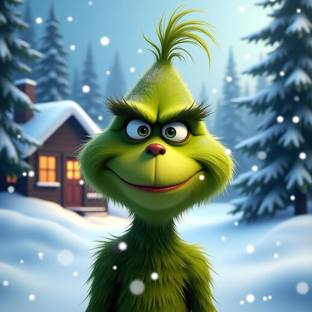 Grinch character in a snowy setting with a cabin in the background.