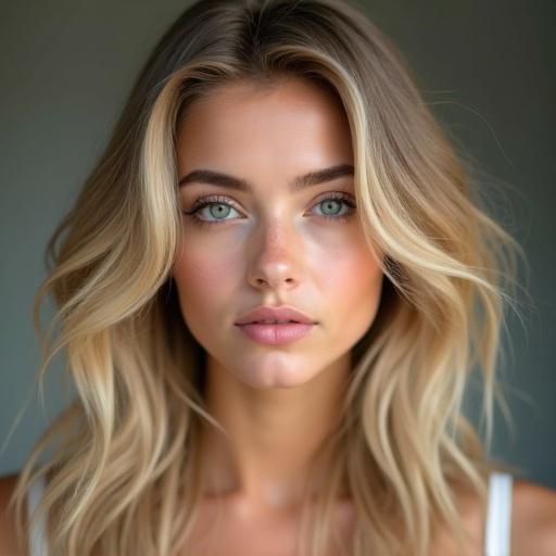 Create a close-up portrait of a beautiful 20-year-old girl with long blonde hair and captivating green eyes, showing her natural beauty with soft lighting.