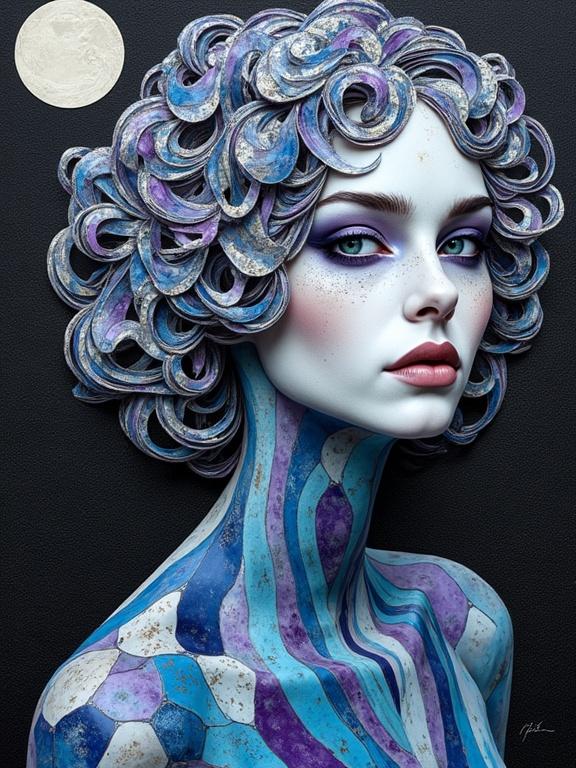 Surreal 3D collage portrait featuring a stunning ethereal woman. Woman poses in a kaleidoscopic dress surrounded by geometric patterns and optical illusions. Style blends Escher's tessellations, Bridget Riley's op art, and Sonia Delaunay's morphism. Colors include black, white, silver, violet, indigo, and blue with abstract shapes.