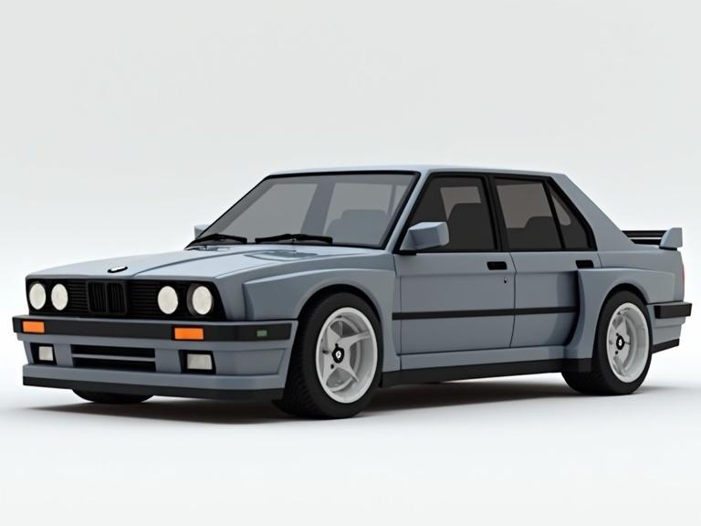 Gray BMW M3CS sedan from 2024 rendered in voxel style. Focus on a cubical 3D appearance. Identifiable design features of the BMW.