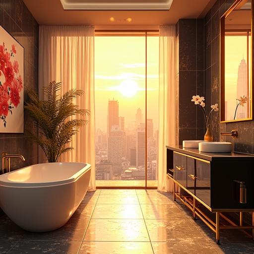 A futuristic and luxurious bathroom design featuring a bathtub and a large window with a sunset view. There are cherry blossom decorations and high-tech features. The colors are light gold and onyx black. The bathroom is located in a modern townhouse on the 4th floor overlooking the city.