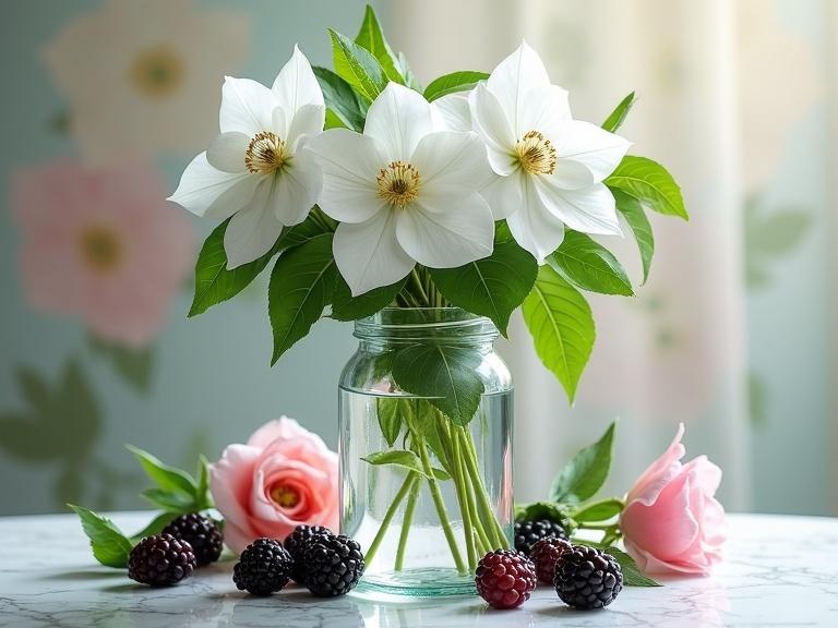 Floral still life with large white clematis flowers in a glass jar. Blackberries on marble surface. Pink flower buds add color. Soft pastel background. Elegant studio lighting.