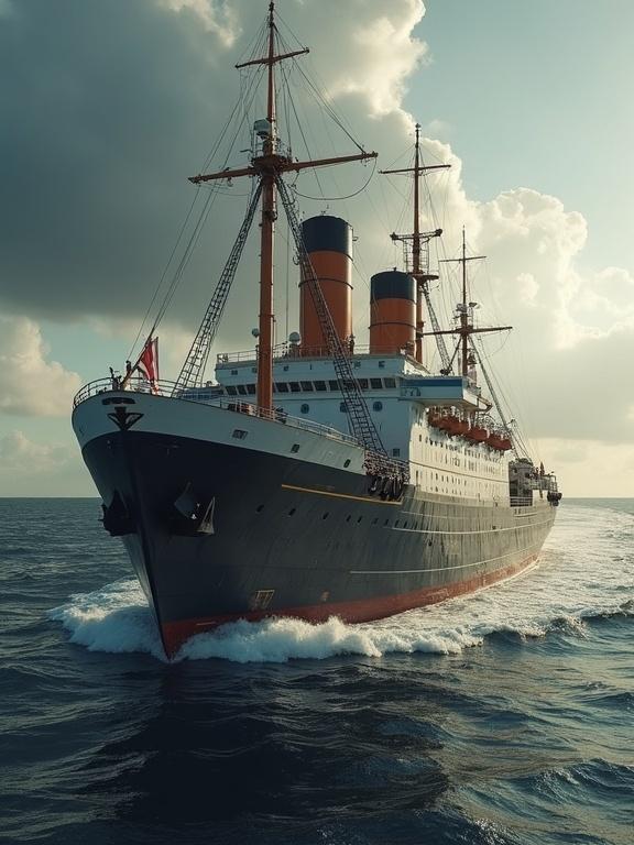 A majestic ship sailing through calm waters. The scene captures cinematic lighting and realistic details. The ship features two tall smokestacks and sails through the ocean with a dramatic sky in the background.