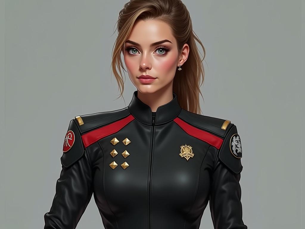 The image showcases a 35-year-old woman in a realistic sci-fi military uniform. She is tall and athletic, with sandy brown hair, darker eyebrows, and blue-green eyes. Her uniform is primarily black, made from tough synthetic fabric, and features a striking red stripe that separates the padded shoulder areas from her chest and back. The jacket has red stripes on the sides and near the wrist cuffs, providing a distinctive look. It comprises a tailored jacket over a white knit shirt with a flat collar, paired with appropriately fitting pants. Both shoulders sport round patches; the left bears a white sword over a gold shield on a red background, while the right features a three-headed gray wolf on a black background. On her left breast, four small gold diamonds signify her rank as Captain, and a small gold shield-shaped comm badge with a white sword adorns her right breast.