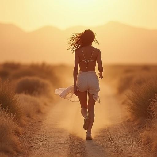 A beautiful woman in a white outfit runs down a desert road. The sun sets in the background. Dust rises from her footsteps. Silk hair flows behind her. The scene radiates warmth and adventure.