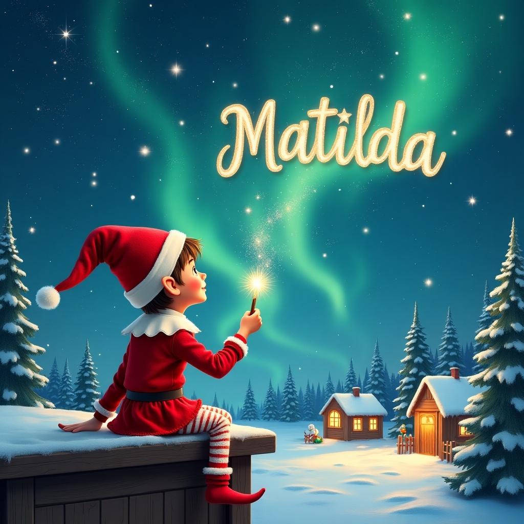 An elf sits on a wooden ledge gazing at a magical night sky. The elf, dressed in a red outfit and pointed hat, holds a sparkling wand. With the wand, it writes 'Matilda' in the starry sky. The background features charming little houses amidst a snowy landscape and evergreen trees. The scene is illuminated by shimmering Northern Lights, enhancing the whimsical atmosphere. This enchanting image captures the spirit of childhood and Christmas magic, inviting joy and wonder.