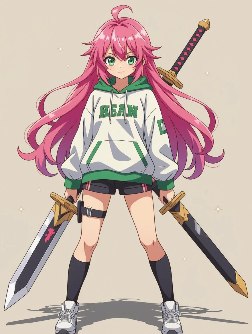 Anime character stands in front view with long pink hair wearing short pants and an open sweatshirt. Character holds two large swords. The image features complementary colors in clothing, depicted in a cartoon cellshading style.