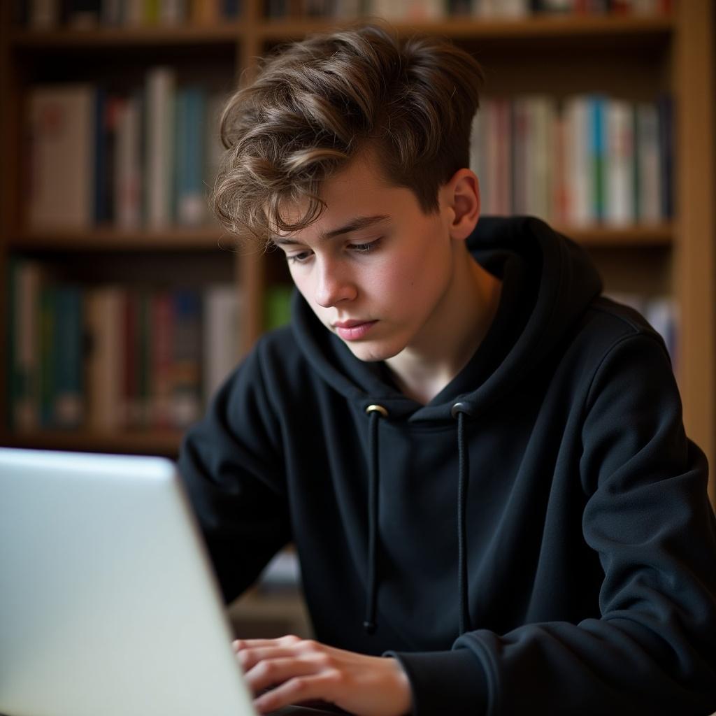 Teenage boy wearing a black hoodie working on a laptop. Cozy indoor environment with books in the background. Soft and natural lighting. The boy is focused on the screen.