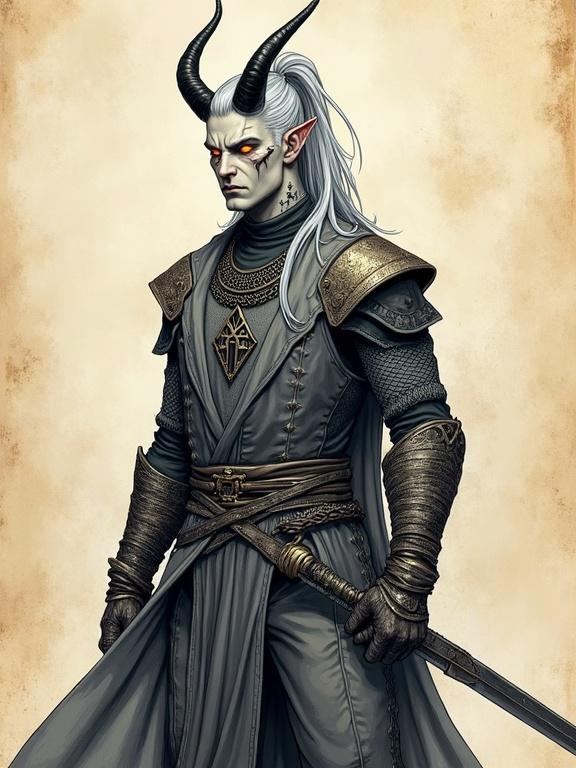 Pen sketch of tall male tiefling with ash-gray skin and glowing amber eyes. Long silver hair in a ponytail, sleek black curved horns, scars on cheekbones. Wears chainmail shirt, plat pants, holds long sword. Parchment background, artistic shading.