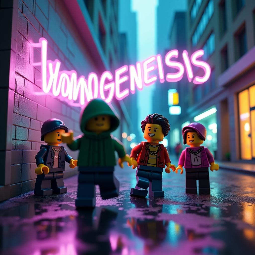 In a vibrant LEGO City, a group of friends led by Skumfromdeathcamp, a 16-year-old rapper in a green GolfWang hoodie, is on a mission. They are seen spreading colorful graffiti across the urban landscape while evading the LEGO authorities. Nami the Destroyer skillfully paints eye-catching tags, while Katse performs tricks on his skateboard to distract onlookers. Vahe Grdzeli, the coin collector, deciphers hidden clues that lead their adventure. Arthur, sporting fiery shoes, lights up their path along the way. Together, they work to unveil a mysterious message, leading up to a massive street art display that culminates in the glowing words: Homogeneisis – November 29.