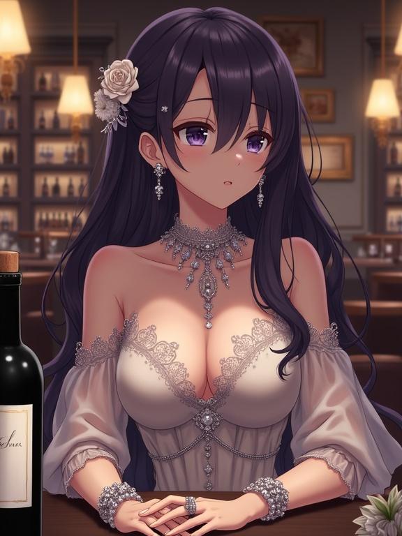 Anime woman with flowing dark violet hair and captivating gaze. She wears an elaborate off-white dress with lace details. Elegant silver jewelry adorns her. Dimly lit bar background with warm tones and a romantic atmosphere. Table includes wine and flowers.