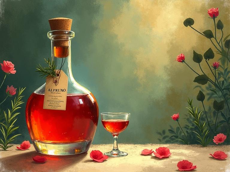 Minimalist advertisement showcasing a 1920s speakeasy with a Venus goddess meditating. Jazz musicians create a serene vibe. A tasting glass filled with bright reddish herbal liqueur is offered to a male partner. Scene features an apothecary bottle marked 'ALFRUNO' and adorned with sprigs and roses. Surrounded by lush plants and soft light. Colorful earthy tones enhance relaxation feeling.