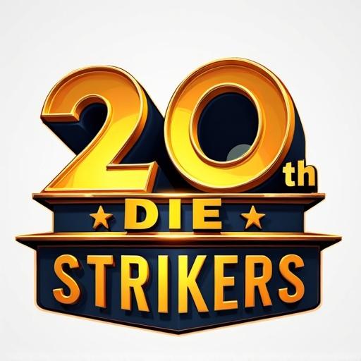 Logo design for Die Strikers. Gold and black colors. Looks like classic movie studios. Features the number 20 prominently. Incorporates facets of cinematic branding.