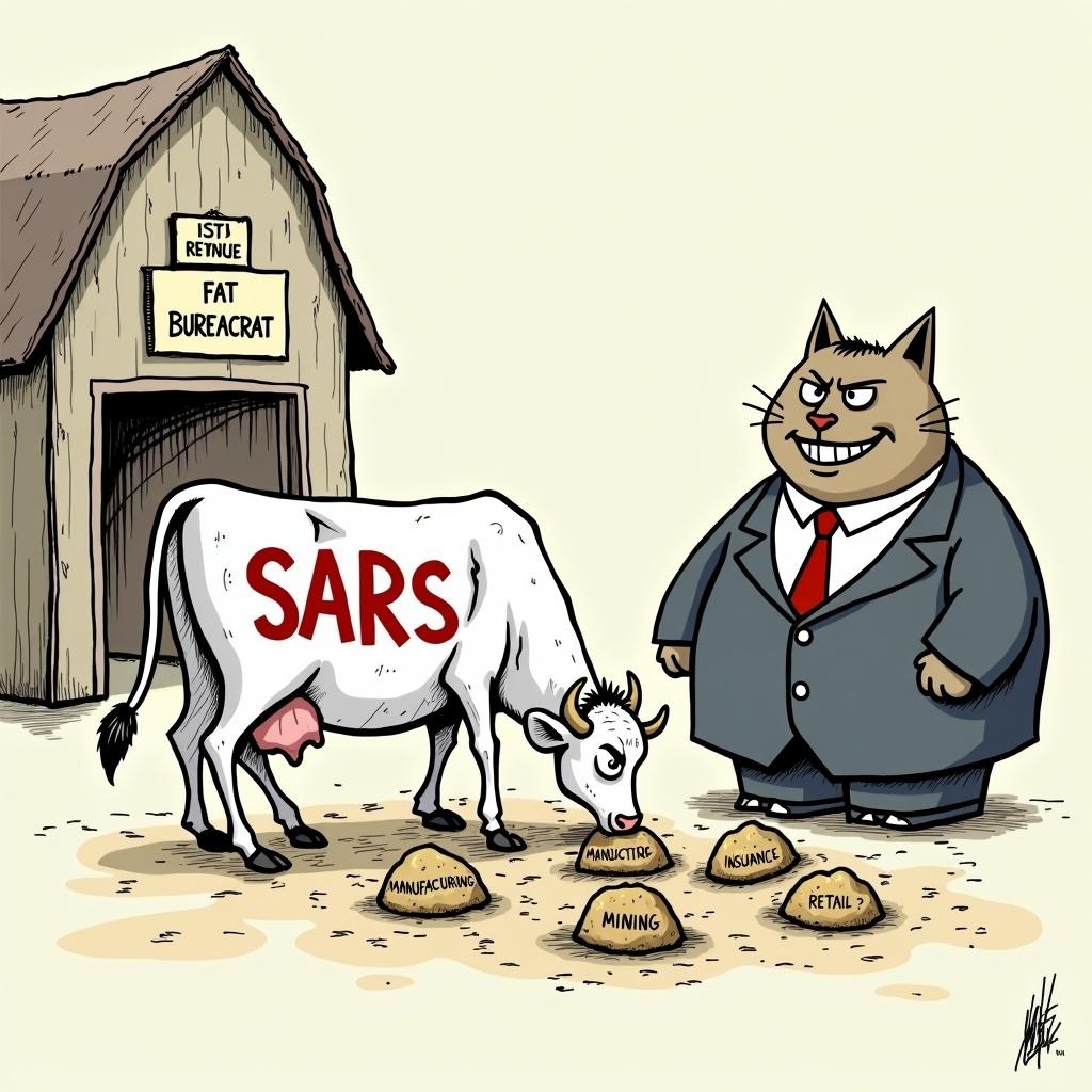 Thin cow labeled 'SARS' in a barn, eating from piles of food labeled 'Manufacturing,' 'Mining,' 'Insurance,' and 'Retail.' A plump cat in a suit labeled 'Fat Bureaucrat' is milking the cow. Barn sign reads 'South African Revenue.' Cow looks exhausted while cat grins smugly. Cartoon style.