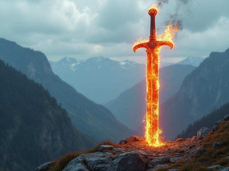 A long and wide sword appearing like glass and surrounded by fire is emerging from the mountainous terrain. The sword's handle is engulfed in flames. The ground beneath it glows brightly. Detailed mountains appear in the distance under a cloudy sky.