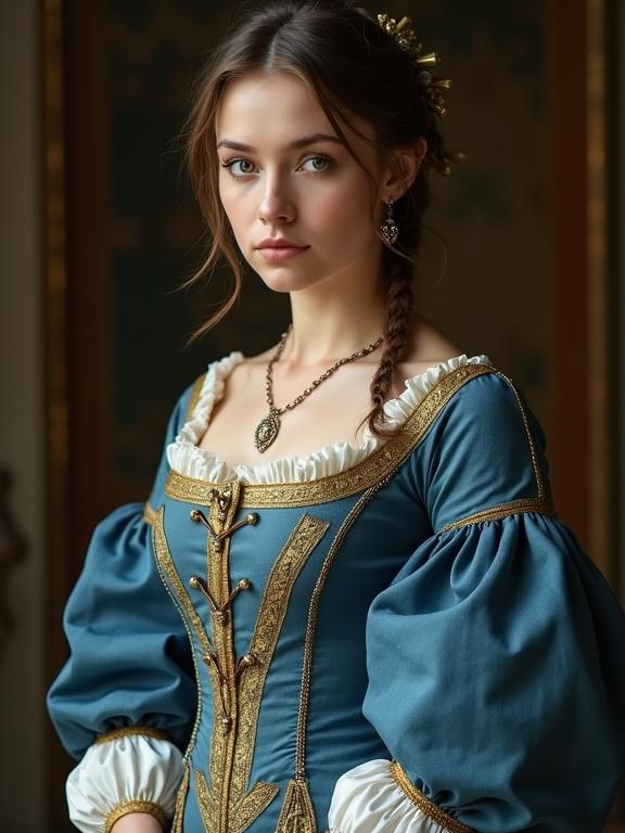 Depiction of a young noblewoman dressed in 1750s attire. She wears a deep sky blue gown embellished with gold details. The outfit emphasizes her large bust and thin waist. A necklace and earrings add to her elegance. She gazes back at the camera with a look of snobbiness and disgust. Her brown hair is styled beautifully, and she has distinctive green eyes. Hands are positioned elegantly in front of her.
