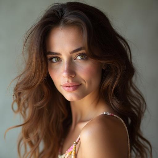 Female model with long brown hair. Model has a curvy body shape. Portrait captures natural beauty and elegance. Soft lighting highlights the hair and shoulder.