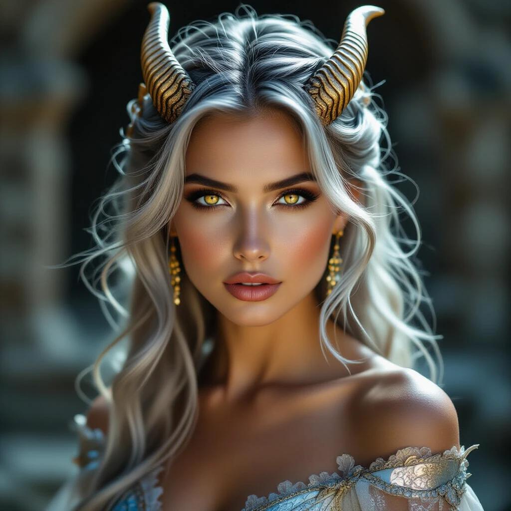 A breathtakingly beautiful woman with dragon ancestry stands in an ancient ruin under moonlight. She has natural skin texture and subtle scales around her temples. Glowing amber eyes and long silver hair flow in the wind. Her delicate horns curl ivory-like from her head. She wears a high-fashion gown with metallic accents reminiscent of dragonhide. The scene is captured with soft natural lighting, ultra-sharp focus, and high dynamic range.