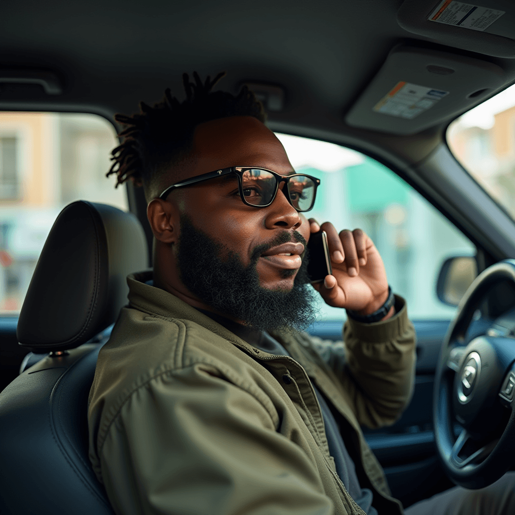 A man sitting in a car, engaged in a phone conversation.