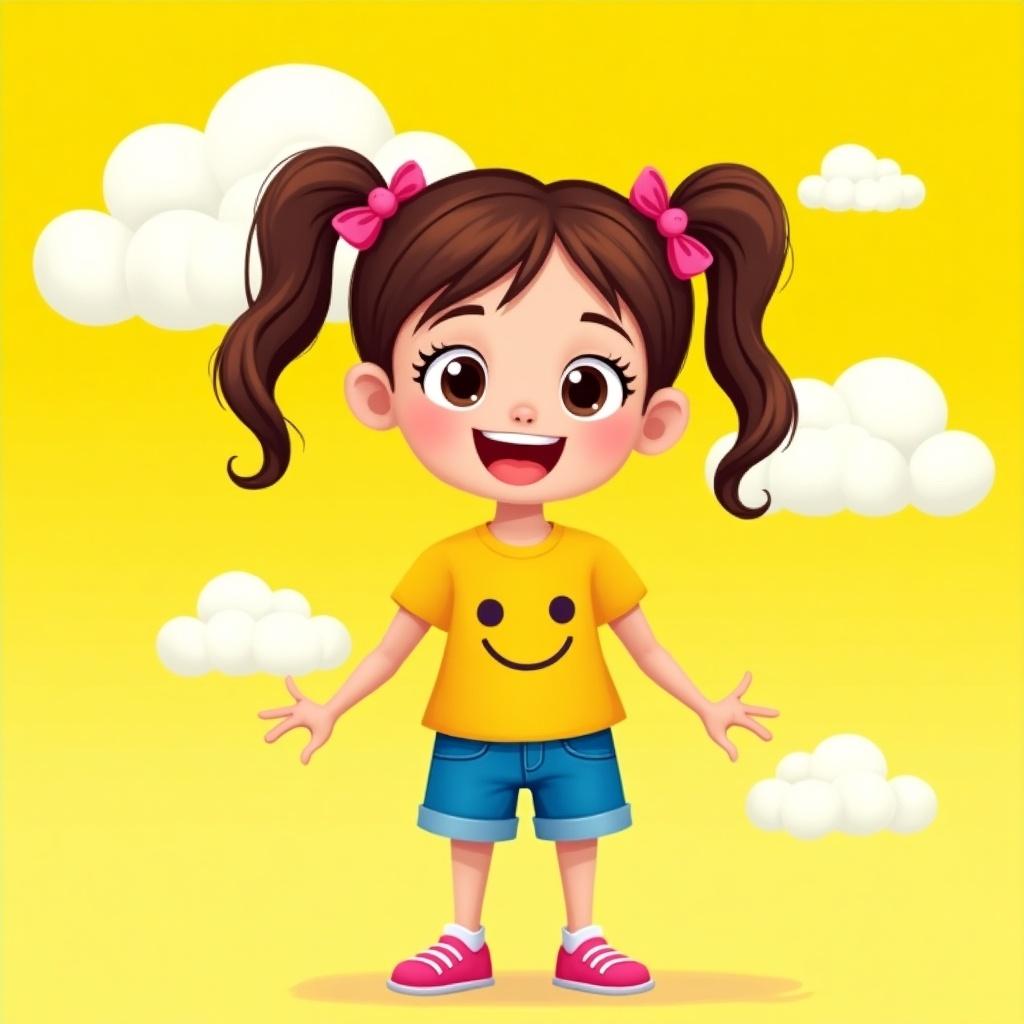 Image of a cartoon girl against a yellow background. She has pigtails with pink ties. She wears a yellow shirt with a smiley face and blue shorts. There are fluffy clouds behind her. She looks very happy and energetic.