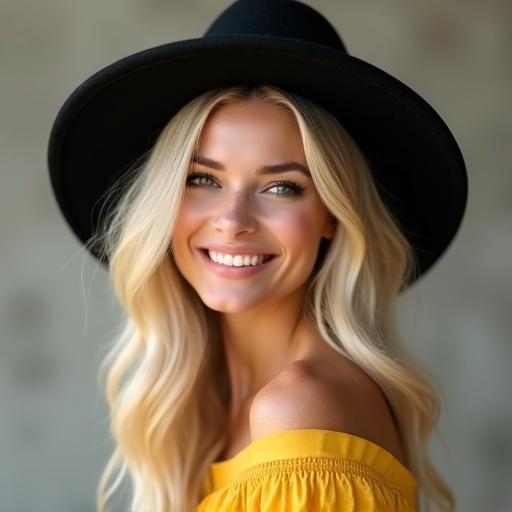 A woman with blonde hair looks at the camera and smiles. She wears a yellow dress and a black hat.