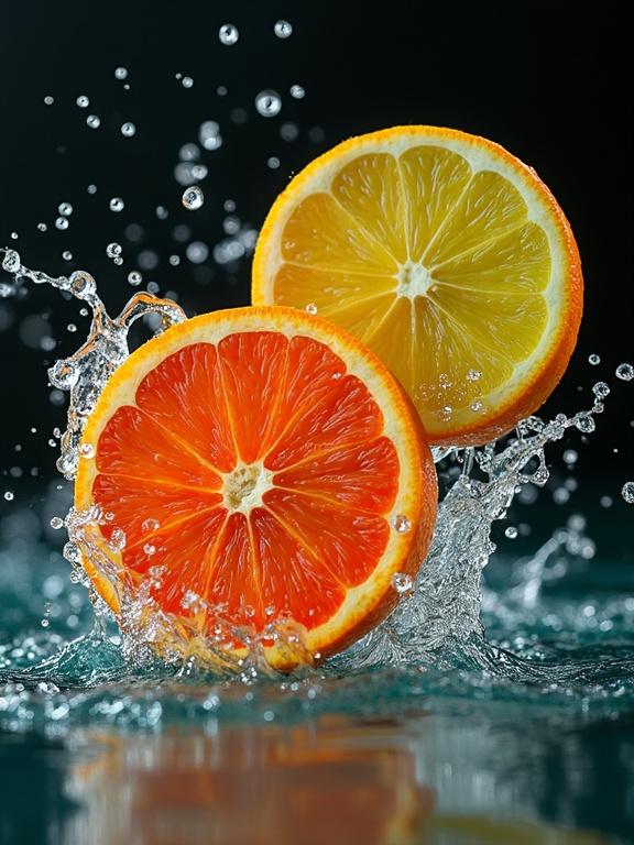 Real photography of two oranges with red inside and green outside. Oranges falling into water with splashing effect and water droplets. Macro shot with warm lighting and cool colors. Slices dotted with white light spots. Slices falling from above forming splashing liquid ball. HD quality.