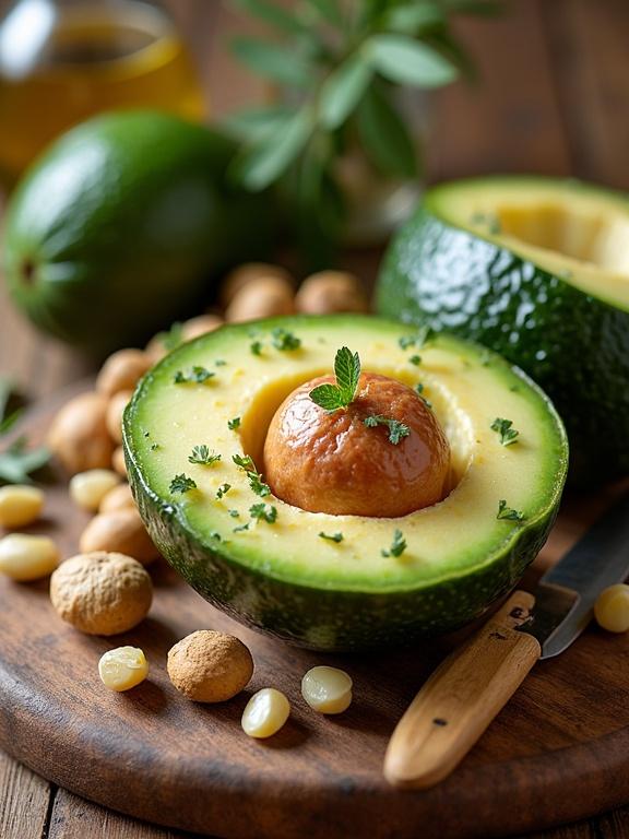 Rustic kitchen table with healthy fat foods. Open avocado with seed inside. Nuts and chia seeds around. Olive oil present. Clean natural background. Health magazine style. Natural light. Fresh colors.