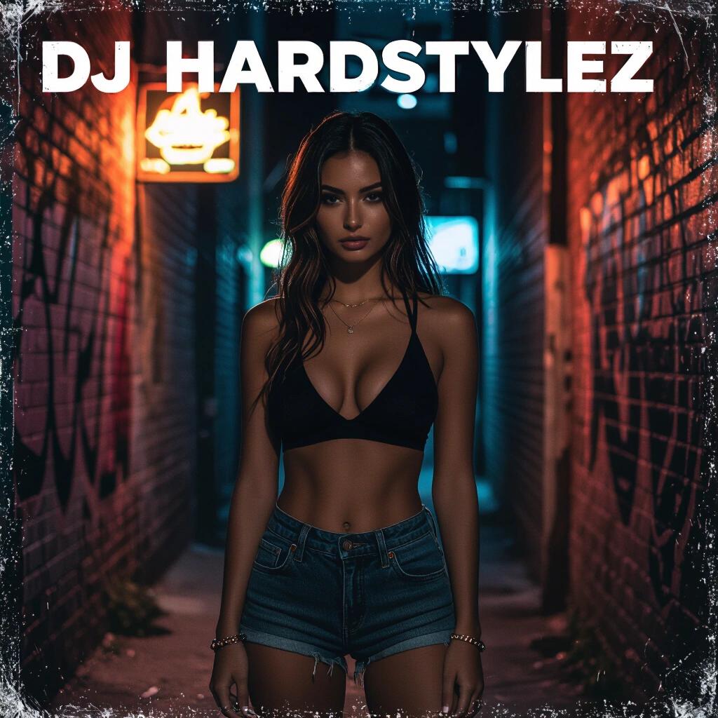 Nighttime photo of a model in a dark alley. She has a confident expression and a casual outfit. This image features DJ Hardstylez as the album cover text.
