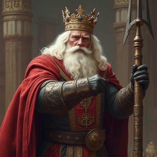 A majestic king stands confidently. He wears a detailed crown and luxurious robes. He holds a scepter. His beard is long and white. The setting suggests a grand hall.