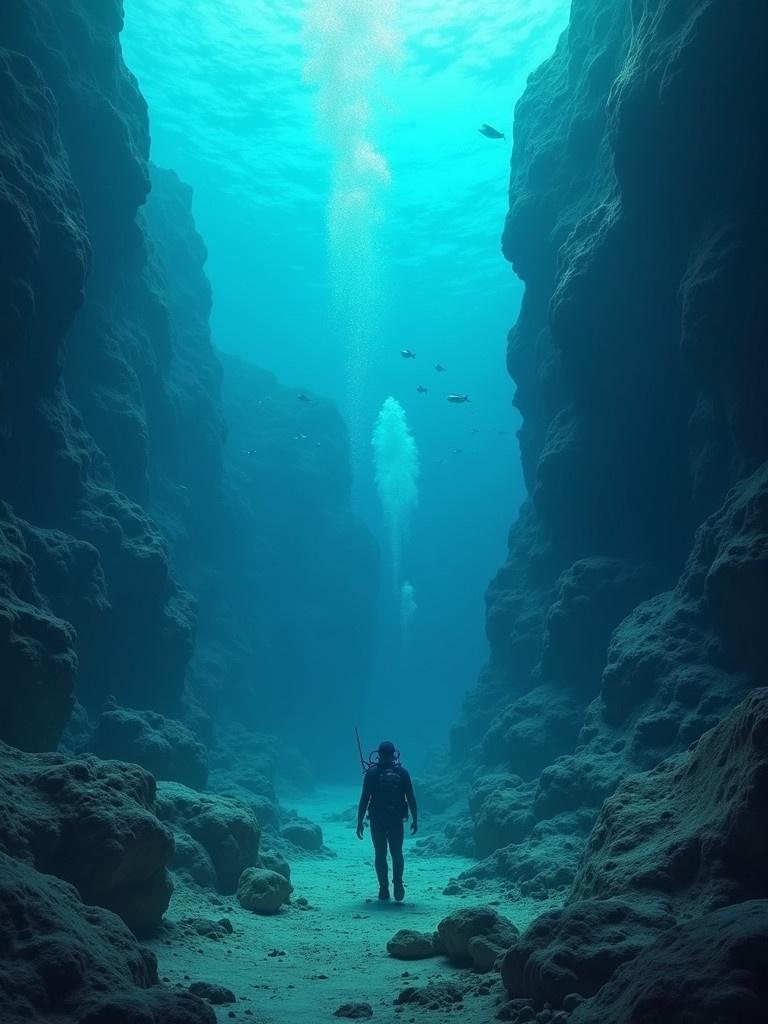 Adventurous marine biologist exploring underwater near ancient submerged city of Dwarka. Diver uncovers secrets of legendary city in deep ocean.